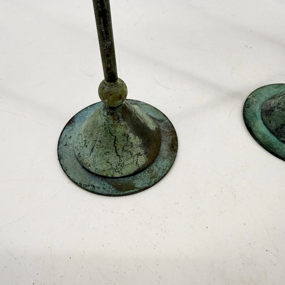 Vtg Verdigris Taper Christian Beaumont Post-Modern Decor Teal Metal Candlesticks